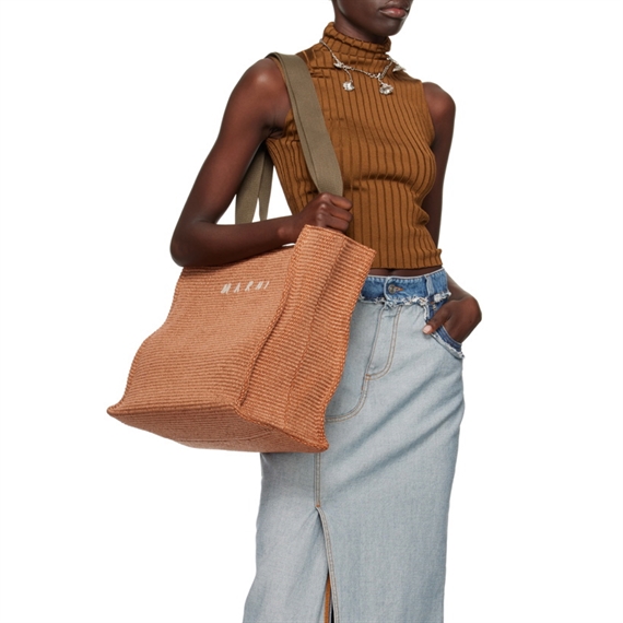 Marni Large Raffia Tote Bag, Brick/Olive 